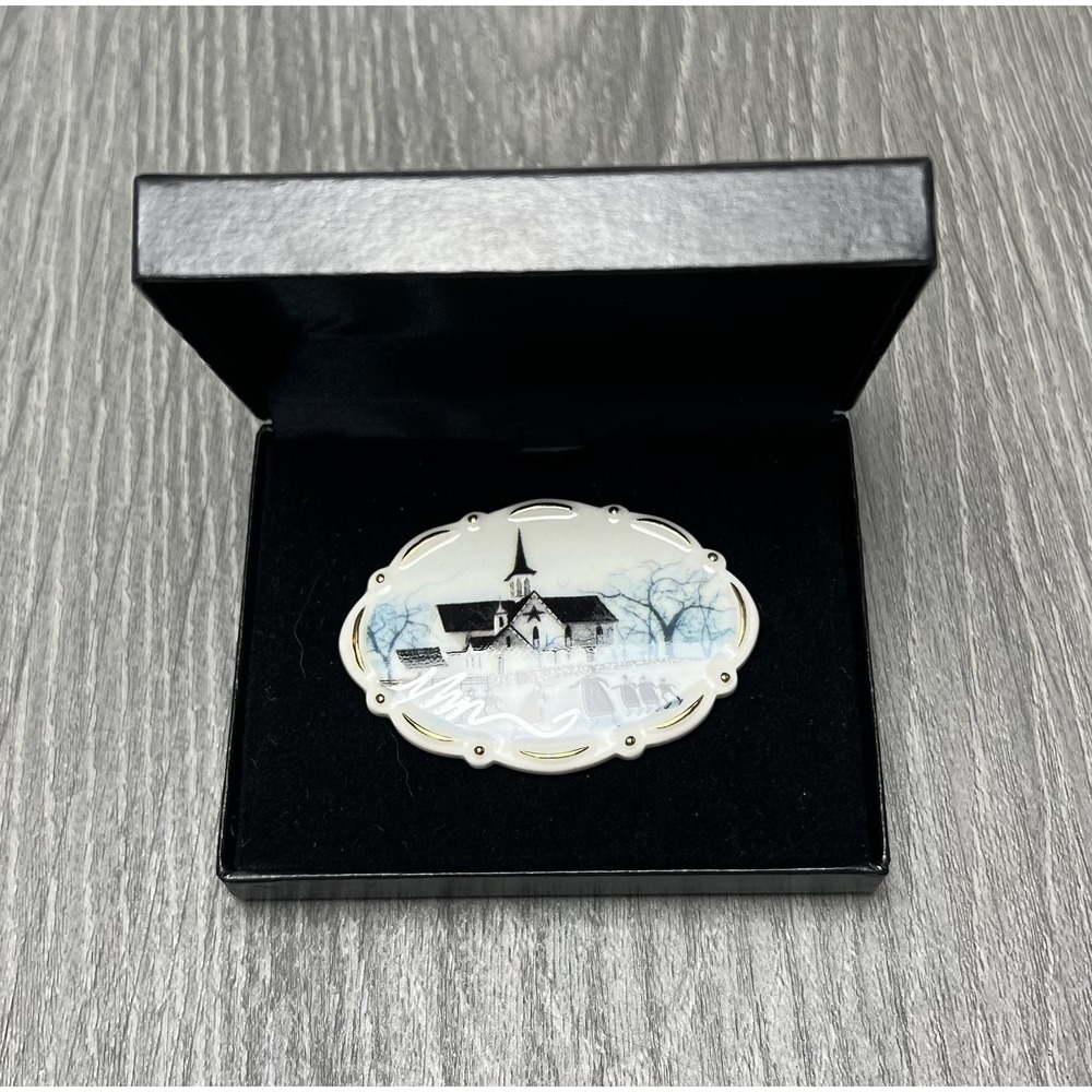 P. Buckley Moss Society Winter Church Porcelain Brooch Pin Signed Art